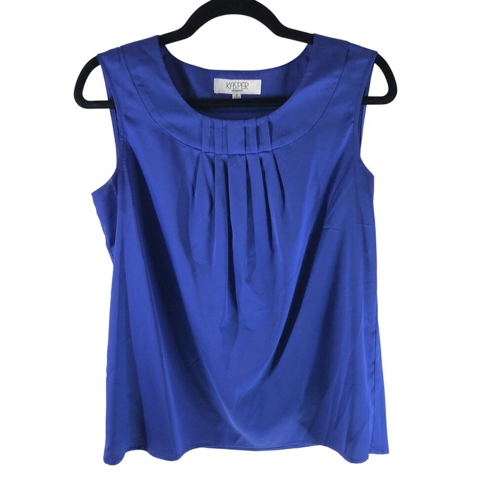 Kasper Separates Womens Shell Tank Top Pleated Satin Blue S